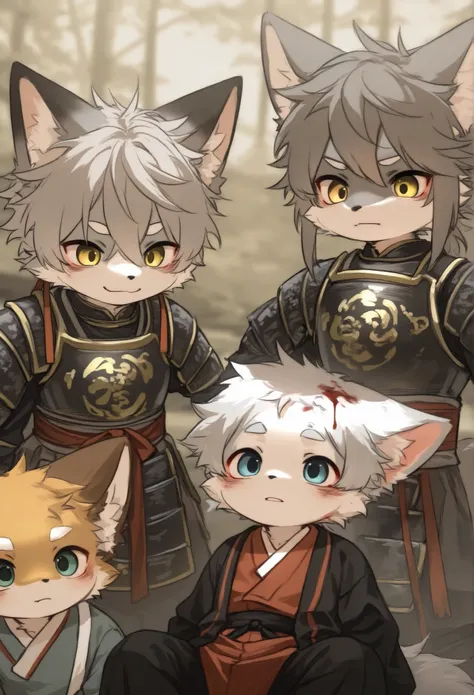  Fox Boy  ，Furry gray-haired boy toddler Hanfu Han dynasty armor，Blood