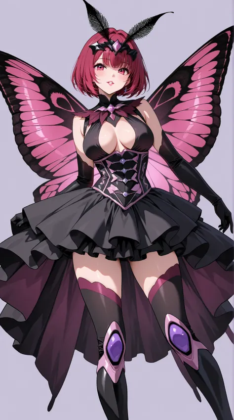 An anime-style portrait of a female tokusatsu villain. She is a Japanese woman transformed into a black moth hybrid. She has glossy lips. A headpiece features moth wings. She wears a black dress and a crystal corset. Her dress is backless, revealing an exo...