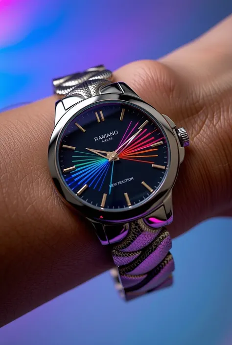 Up-close shot of a sleek and modern women's watch, its slender arm wraps around the wrist, the band featuring an intricate snake design that seems to come alive. Vibrant colors dance across the face, creating a mesmerizing display as the seconds tick by.