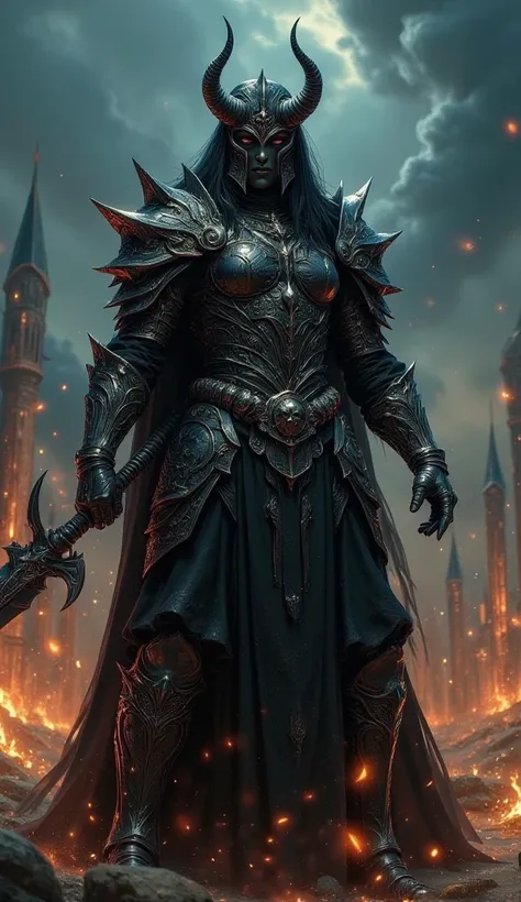 Epic fantasy illustration of a female Knight of Vengeance, a human warrior in blackened plate armor, wielding a massive sword. Her face is hidden behind a horned helmet, and her armor is adorned with skull motifs. The background is a burning village, with ...