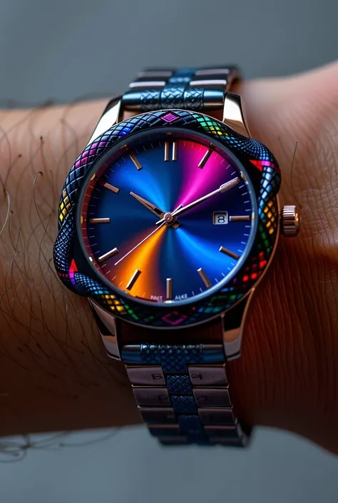 Up-close shot of a sleek and modern women's watch, its slender arm wraps around the wrist, the band featuring an intricate snake design that seems to come alive. Vibrant colors dance across the face, creating a mesmerizing display as the seconds tick by.