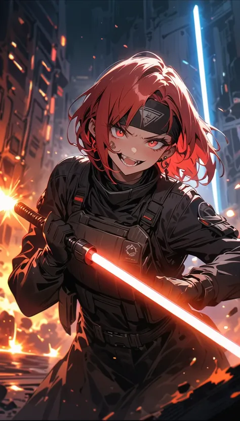 ( beautiful girl : 1.3), in the seat,(protective clothing,headband, earrings, lightsaber), red hair , bob cut, braids, with barcode tattoos on their cheeks, Crazy Smile ,Reckless attitude,Evil face,Provocative attitude, with sharp eyes , lightsaberを構える,Sho...