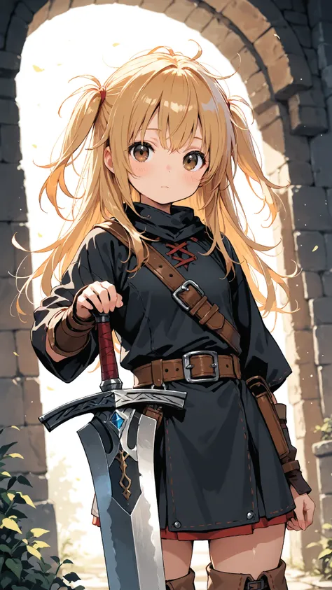  top quality， fantasy，Adventurer，
 long golden hair， messy hair，two side up，
 brown eyes，cute eyes，
 1 girl， very young girl，
Had a very big sword，
Black clothes，