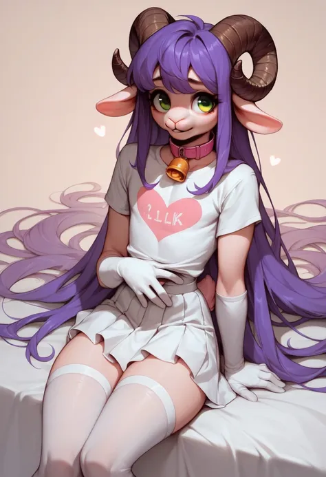 work of art, ideal,  highly detailed , (a femboy) , sheep horns, lamb tail , Anthropomorphic half-ram half-man,  light skin  ,  purple hair,  purple long hair ,  light skin ,  green eyes ,  Very long hair, in a pink collar , pink kitten t-shirt , white sil...