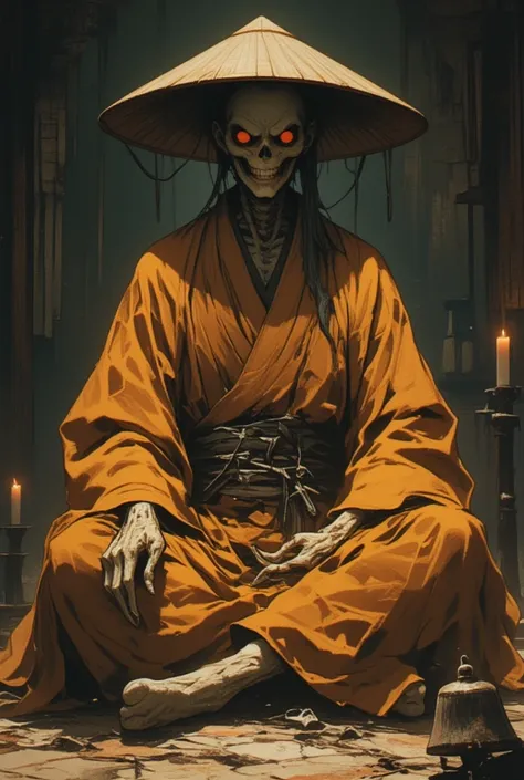 (best quality, masterpiece, ultra highres, ultra-detailed:1.2) ,skeleton head,A mummified high-ranking Japanese Buddhist priest, known as a Sokushinbutsu, sitting in a meditative pose. The mummy wears an ochre-colored Buddhist robe and a (traditional monk'...