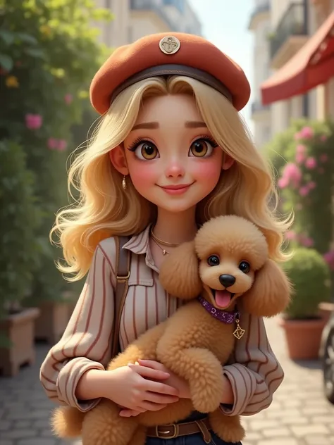 Create me a girl about 22, The typical French girl,  with a nose up and full lips. He has brown eyes and blond hair.. He smiles and holds a beautiful brown poodle in his arms 