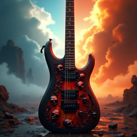 A modern black and red guitar with designs of skulls and fire, In the background hell and heaven at the same time