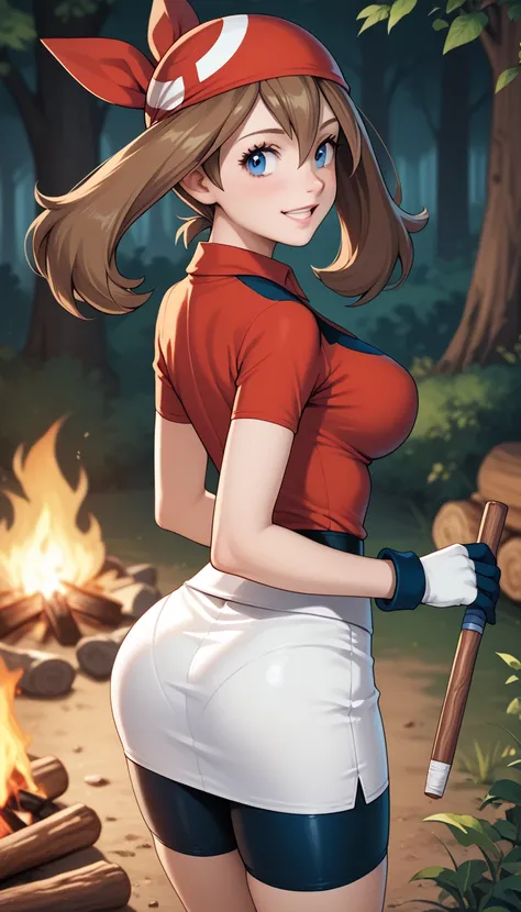 masterpiece, best quality, anatomically correct, Solo, pokemonmay, blue eyes, brown hair, bandana, long hair, red bandana, twintails, hair between eyes, bike shorts, collared shirt, gloves, microskirt, multicolored shirt, pencil skirt, red shirt, shirt, sh...