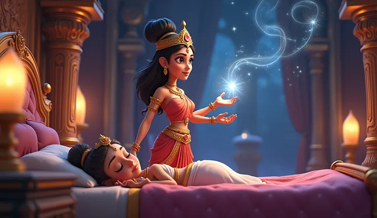 A Cartoony. 3D Animated. One night, The Hindu queen cast a spell on the princess in the palace. The princess is asleep. The queen stands by the bed and has been a magician.