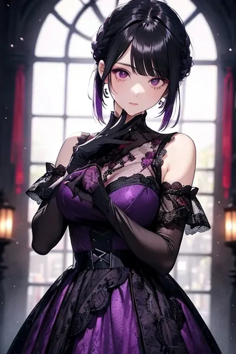         black hair、    Red Eye、((  black and purple lace dress  )).    cute、    expressionless    、    alone、Non-parallel、((Confused Eyes)).((  Beautiful hairstyle  :1.35)).((   lace gloves)).