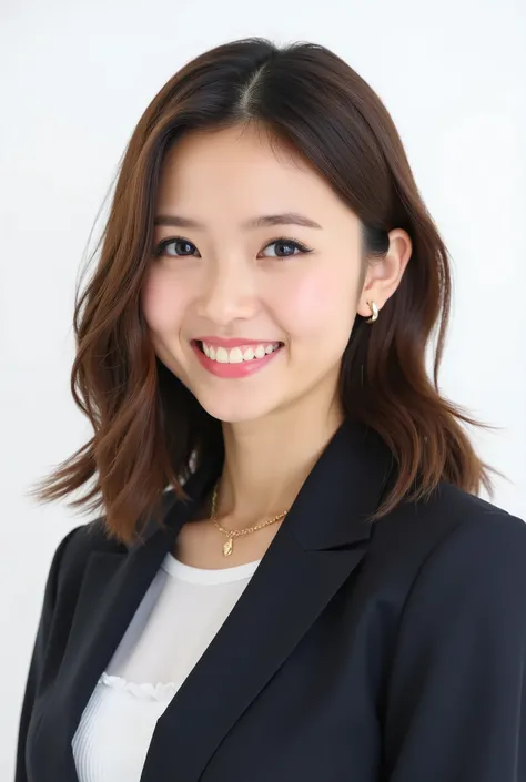 Beautiful Japanese Woman 、、 She is wearing an office lady suit、濃いeyeshadow 、Hairstyle: Medium long、wavy hair 、 Light Brown Hair 、ear piercing、 smile showing teeth、 necklace、 white backgr