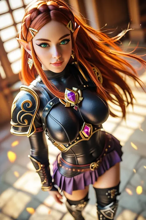 princess zelda, photoreaistic, fit, fair skin, (((long auburn hair))), green eyes, black eyeliner, ((((perfect breasts)))), pointy ears. Wearing (((black leather armor bodysuit)))((black thigh high boots))(((purple skirt))). Japanese castle background. Wea...