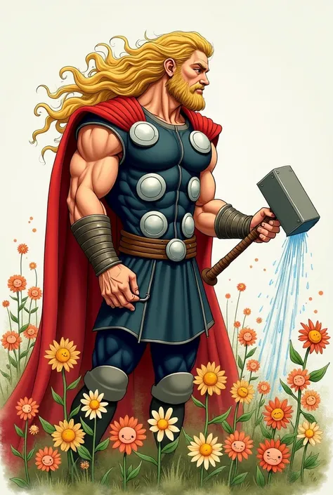 Thor with big muscles, wild, curly blond hair, and a magical hammer called Mjölnir, gently watering flowers with rain summoned by his hammer, surrounded by smiling flowers with faces, watercolour style, soft edges