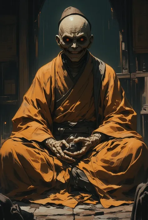 (best quality, masterpiece, ultra highres, ultra-detailed:1.2) ,skeleton head,A mummified high-ranking Japanese Buddhist priest, known as a Sokushinbutsu, sitting in a meditative pose. The mummy wears an ochre-colored Buddhist robe and a (traditional monk'...