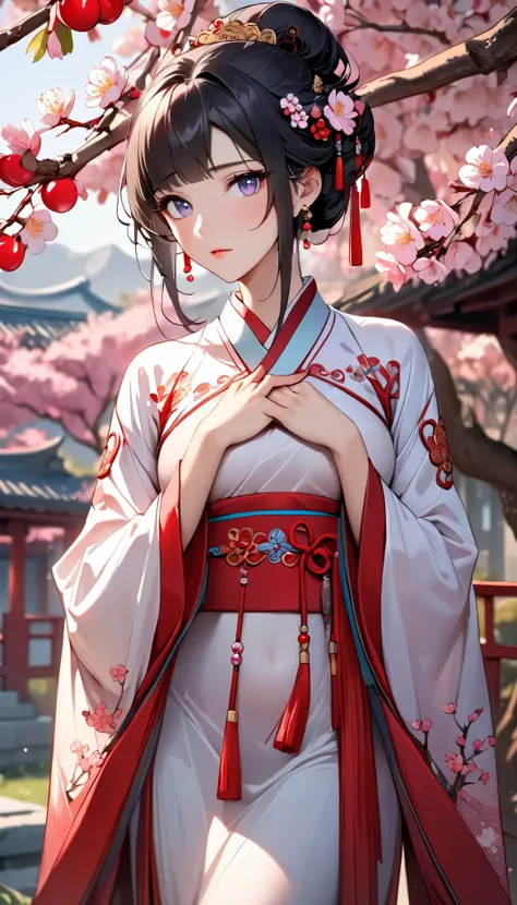 ((Best quality, 8k, Masterpiece: 1.3)), Sharp focus A beautiful woman with perfect body, Slim abdomen, Highly detailed face and skin texture, Detailed eyes, Traditional Chinese costume, hanfu, ancient Chinese princess, black hair, hair ornament studded wit...