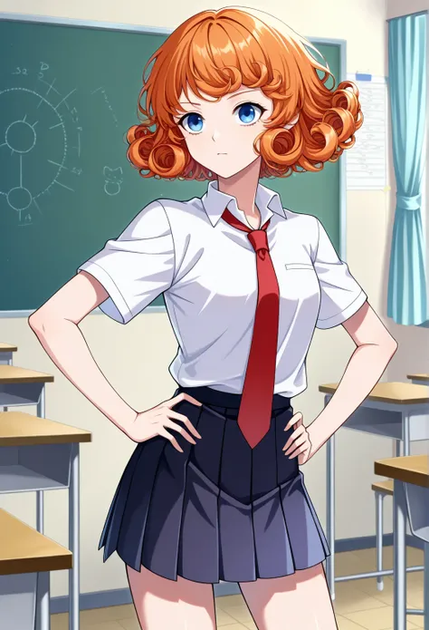 score_9,score_8_up,score_7_up BREAK melissaSDXL,1girl,blue eyes,short hair,orange hair,,curly hair,cowboy shot,room,classroom background,,hands on hips, white shirt, short sleeves, pleated skirt, necktie, collared shirt, red necktie,