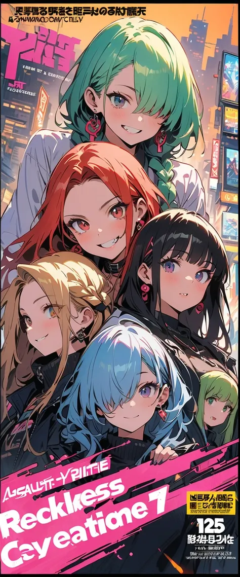 (Four beautiful girls : 1.3), girls ,(protective clothing,headband, earrings,Assault rifle), blonde, black hair, Hair, Silver Hair, red hair ,Blue Hair,Green Hair,Pink hair,Purple Hair, ponytail, bob cut, twin tails, long hair, shorthair, bun hair, wave ha...