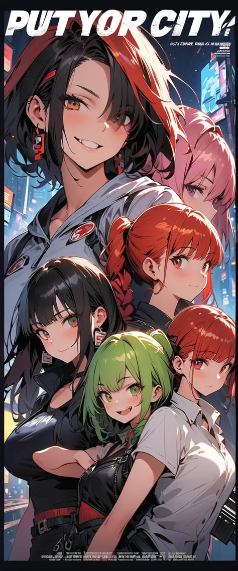 (Four beautiful girls : 1.3), girls ,(protective clothing,headband, earrings,Assault rifle), blonde, black hair, Hair, Silver Hair, red hair ,Blue Hair,Green Hair,Pink hair,Purple Hair, ponytail, bob cut, twin tails, long hair, shorthair, bun hair, wave ha...