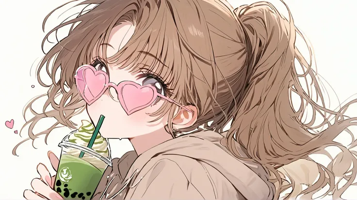  girl,  brown hair,  ponytail hair, Brown and gray eyes,  brown hoodie,  pastel brown ((heart))  sunglasses, Drink a Matcha Frappuccino, White background