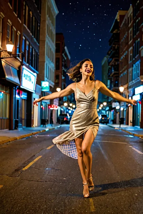 Woman in a dress dancing in the middle of the street at night, with several buildings around her.