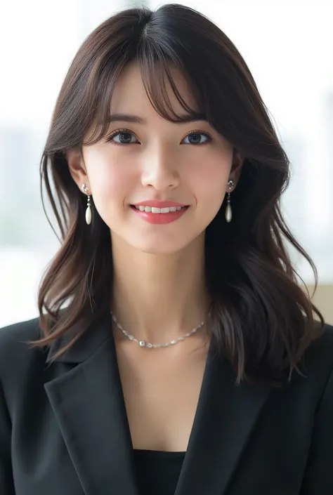 Beautiful Japanese Woman 、、 She is wearing an office lady suit、濃いeyeshadow 、Hairstyle: Medium long、wavy hair 、 ダークBrown Hair 、ear piercing、   smile showing teeth、 necklace、 white backgr