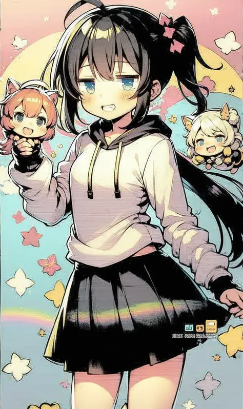 jitome, one girl to rainbow、 dark-haired、 cute little 、 hoodie、pony Tail、 blue eyes 、​masterpiece、 top quality、 best image quality, grin 