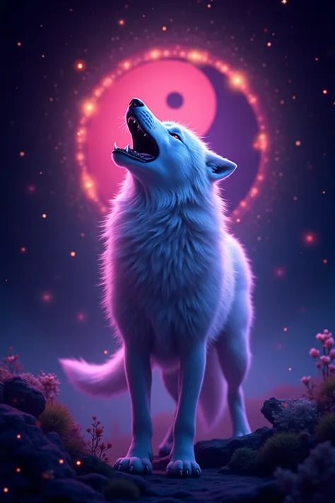 Un loup blanc, de taille moyenne, est au centre de l'image, avec une expression de cri ou de hurlement.  Sa gueule est grande ouverte, comme s'il hurlait. Le loup semble en mouvement, sa fourrure a des reflets violacés et bleutés. Il est positionné de faço...