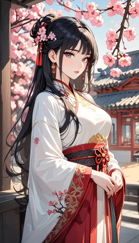 ((Best quality, 8k, Masterpiece: 1.3)), Sharp focus A beautiful woman with perfect body, Slim abdomen, Highly detailed face and skin texture, Detailed eyes, Traditional Chinese costume, hanfu, ancient Chinese princess, black hair, hair ornament studded wit...