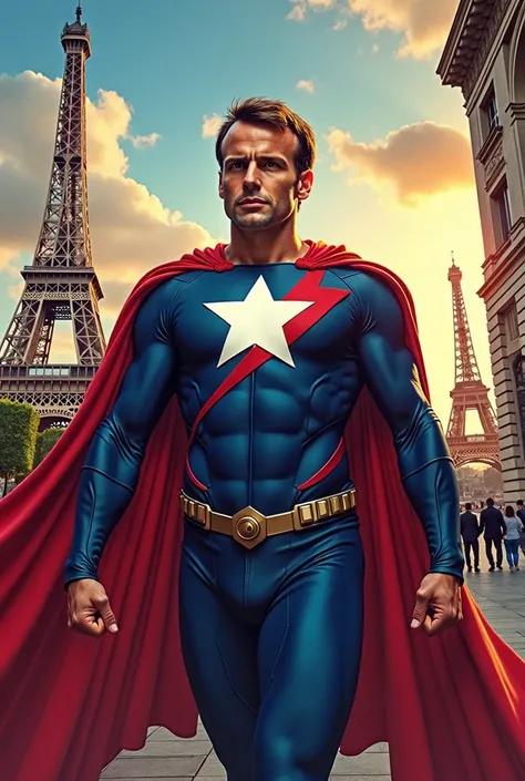 "Imagine Emmanuel Macron, the French President, as a Marvel-style superhero. He wears a superhero-inspired costume, with French design elements like blue, white and red. His costume is modern and dynamic, with a flowing cape that adds to the heroic allure....