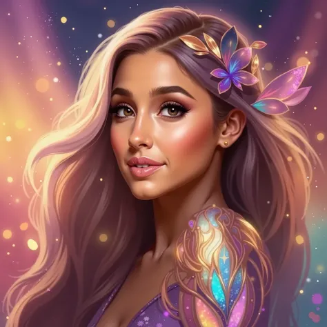 digital painting of a beautiful woman with elegant hair flowing, wearing a decent full sleeve outfit, on a white floral background, smiling, stunning, dreamy, ultra hd, detailed, vibrant colors, fantasy, colorful, gradient,