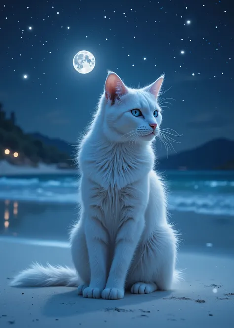 Realistic beautiful cat 、 beautiful coat 、( full body photo)、 A Midsummer Night's Dream、 sits on a white sand beach in calm waters where the moon sets、Stars full of stars in the sky 、 fairy tale
