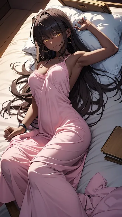  Masterpiece ,  top quality,   long dark hair, halo, bangs,  yellow eyes, (((  pink nightgown ))), Big Breasts,  see through, (  showing armpits ), Morning Situation , (( lie down)), ((( excellent anatomy : 1.2))),  earrings,  small smile ,  blanking,  wat...