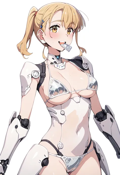 pt, featuring shiny wet skin and clear glass texture 、 smiling girl in a highly revealing see-through mechanical bikini, ponytail like a gal , fully transparent glass texture bikini armor ,水色ライトの透明な  mechanical armor ,（ top quality）,（8k）,  mechanical armor...