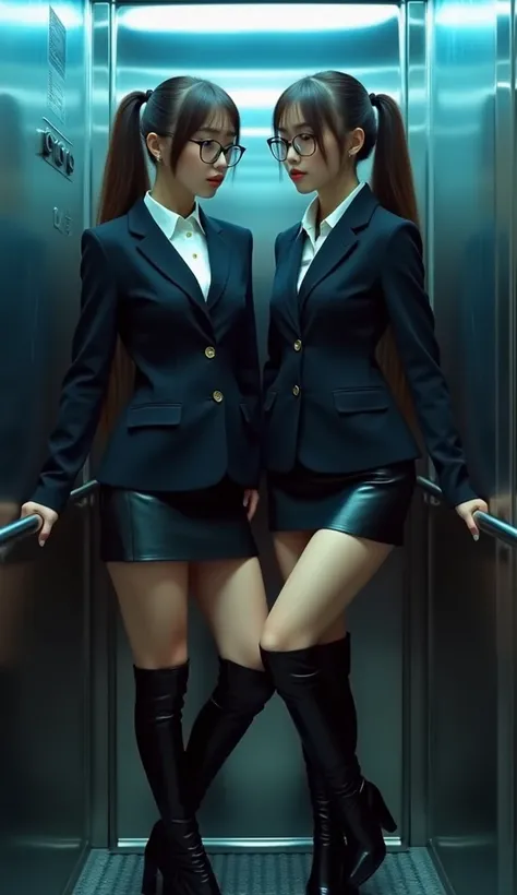 Two long haired brunette (ponytail) chinese secretaries with an athletic, fitness type bodies (muscular legs) and very marked Asian features on their face, wearing a thin black frame reading glasses. wearing a buttoned black polyester jacket, underneath yo...