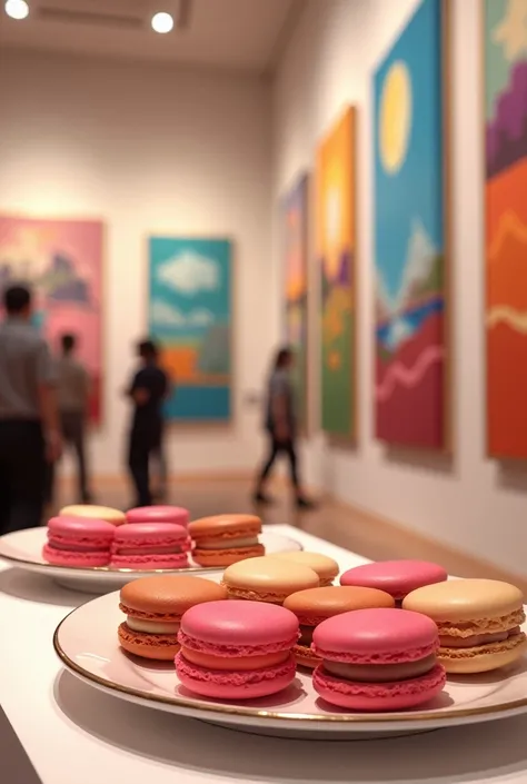 Stand de vente de tableaux avec des plateaux de macarons vanille et de macarons framboises 