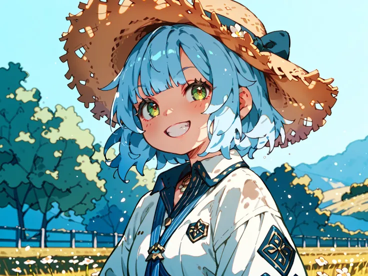  one girl(     pees on a very young   、    light blue hair、Grin、Work clothes(Soil stains、Roll up your sleeves)、 straw hat、piece)、 the shining sun 、field