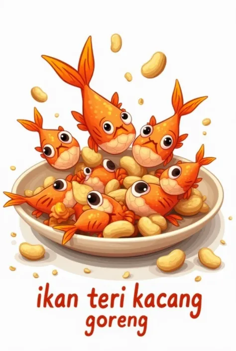 A picture of cute fish and nuts with the inscription underneath it 'ikan teri kacang goreng'
