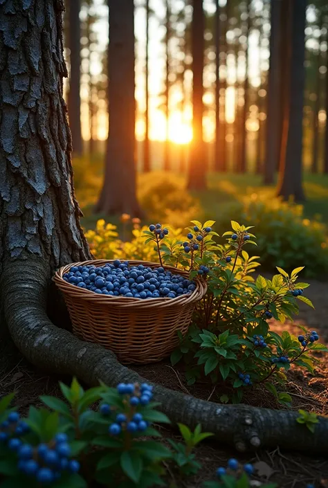 Summer Forest , evening, a sunset of warm colors, clear sky, a little remote shooting, forest with low blueberry bushes, shrubs are slightly illuminated by the sun, dark blueberries can be seen in them, old tree trunks with centuries-old bark, blueberry bu...