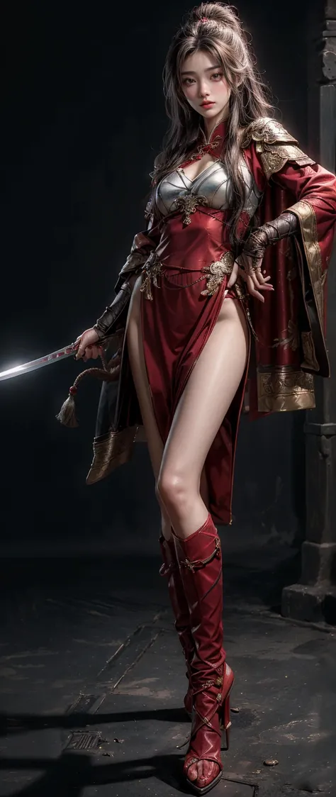 ((work,  best image quality,  high resolution, photorrealistic, Crew, Draw an 8k full body from head to toe)),  A female prosecutor in Chinese clothes , Goguryeo's Hero, ( holds a large sword in both hands ),  has long black hair tied back ,  wears steel a...