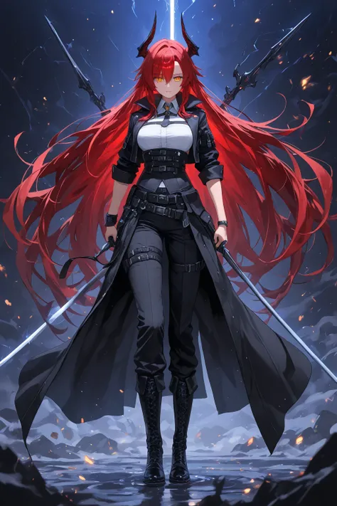   1 girl, golden eyes,   red hair top, very long red hair , Cool,   beautiful,   black pants with pockets on the sides, Weapon belt around the waist , white top with black corset ,  black boots, mysterious atmosphere, in the background the shadows from sol...