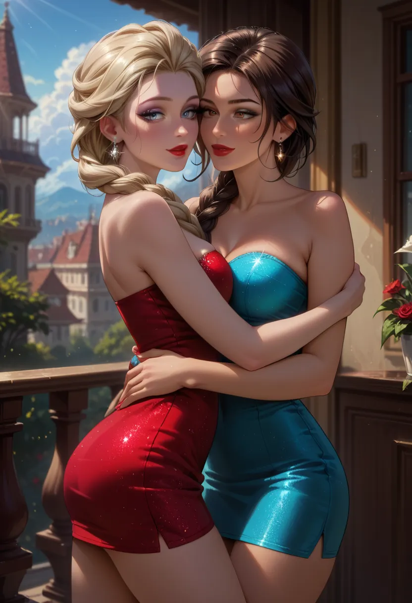 score_9, score_8_up, score_7_up, 2girls, duo, couple, beautiful waifu, sexy (Elsa, blonde, flowing hair, red lipstick:1.3), and beautiful waifu, sexy (Lara Croft, brown hair, braid, red lipstick:1.3), wearing (minidress, shimmering, sleeveless, strapless, ...