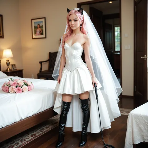 1 Teenager ,  slim , pink hair,  smooth long hair,  small breasts,  breasts open,  zopf , Cat ears,  masterpiece ,  anatomically correct  , UHD,  super detailed , further away,  wedding dress ,  latex black knee-high boots,   latex black arm warmers long  ...