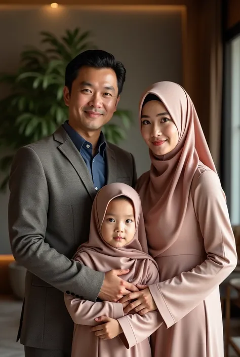 ((best quality)), ((masterpiece)), (detailed),perfect hand, perfect face, A very handsome Indonesian man, with a very beautiful Indonesian girl,Wearing a long, straight, neat hijab, wearing Beautiful and elegant Muslim dress,With Her four years old  daught...