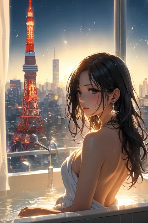  Masterpiece, top quality, Super Detail, high resolution,16k ,   1 girl in uniform ,    black long hair by lla, earrings,   bathroom、 skyscrapers on background、  Tokyo tower  、  night view、 seductive、 cockatiche 、 seductive官能、  wet 、(  backlight:1.5)、 bath...