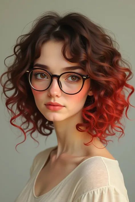 Create an avatar of a white woman with very curly hair in the color brown with red tips wearing square glasses