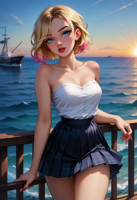 score_9, score_8_up, score_7_up, 1girl, solo, (adult:1.1), mature, beautiful waifu, sexy (short hair Gwen Stacy, blonde, colorful highlights, red lipstick:1.3), wearing (loose white top, tucked in, sleeveless, strapless:1.2), (short pleated skirt, black an...