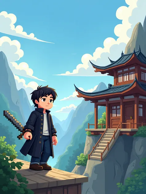 Youtube thumbnail ( make a male character Minecraft cartoon style ,  with light skin color ,  black hair, short black coat ,  white shirt, black bracelets,  do it on a mountain next to a Chinese-style wooden house, holding an iron sword,  with text at the ...