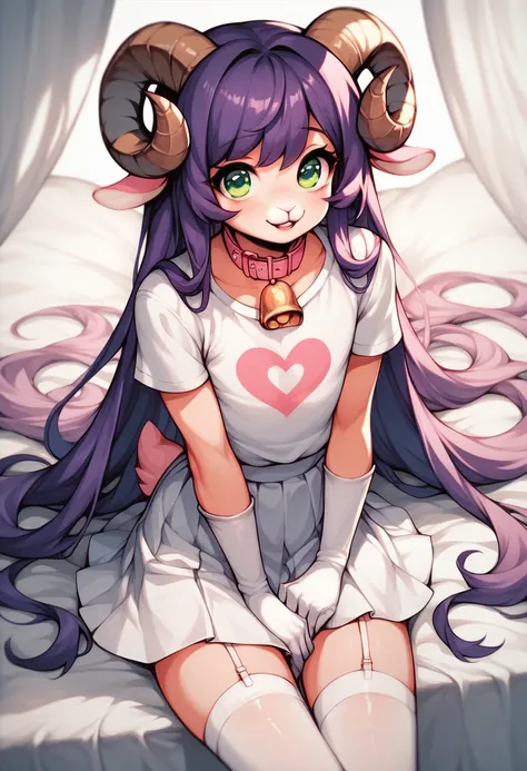 work of art, ideal,  highly detailed , (a femboy) , sheep horns, lamb tail , Anthropomorphic half-ram half-man,  light skin  ,  purple hair, purple long hair ,  light skin ,  green eyes ,  Very long hair, in a pink collar , pink kitten t-shirt , white silk...