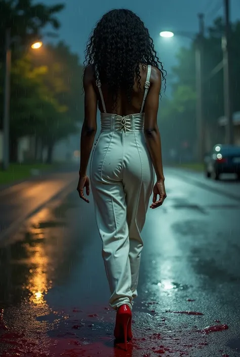 A realistic image of a black middle aged woman with long wet curly hair wearing a wet and dirty white formal expensive jumpsuit and one red bottom stiletto and the other stiletto is in her hand, she is walking on a deserted road on a violently rainy night....