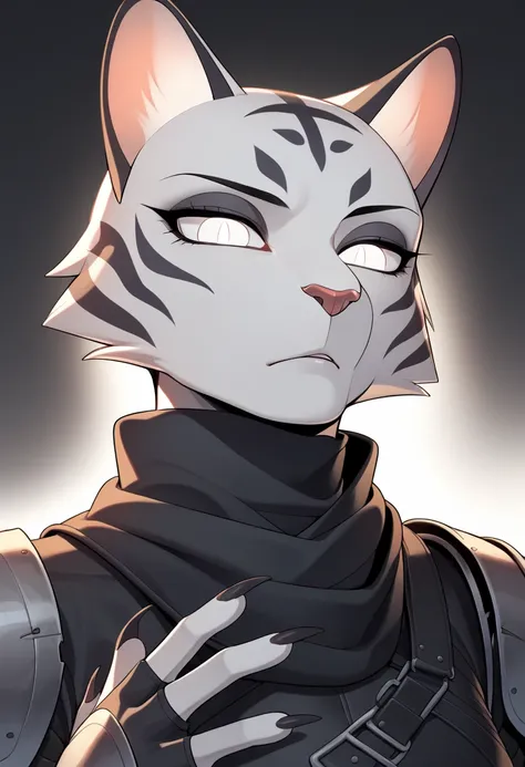 One woman, mature,anime, black short unkempt hair, stoic expression, sharp jaguar face, long cat ears, white fur, tiger stripes, dull white eyes, slit pupils, claws, khajiit, black full leather light armor reinforced with steel, black thin scarf, medium pa...